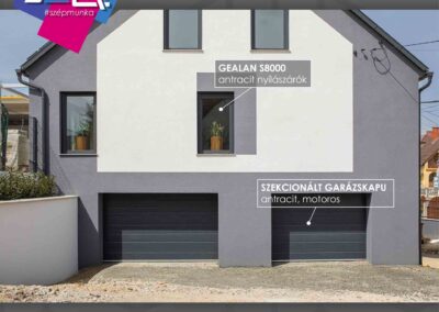 Antracit szekcionált garázskapuk és GEALAN nyílászárók Paks, modern homlokzat